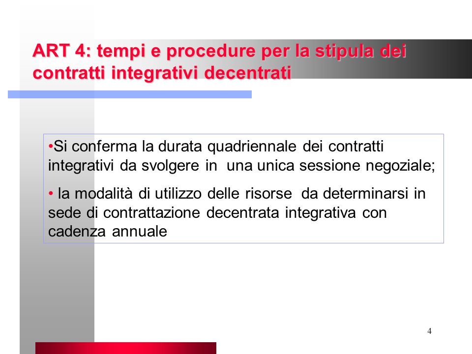 ART 4: tempi e procedure per la stipula dei contratti integrativi decentrati