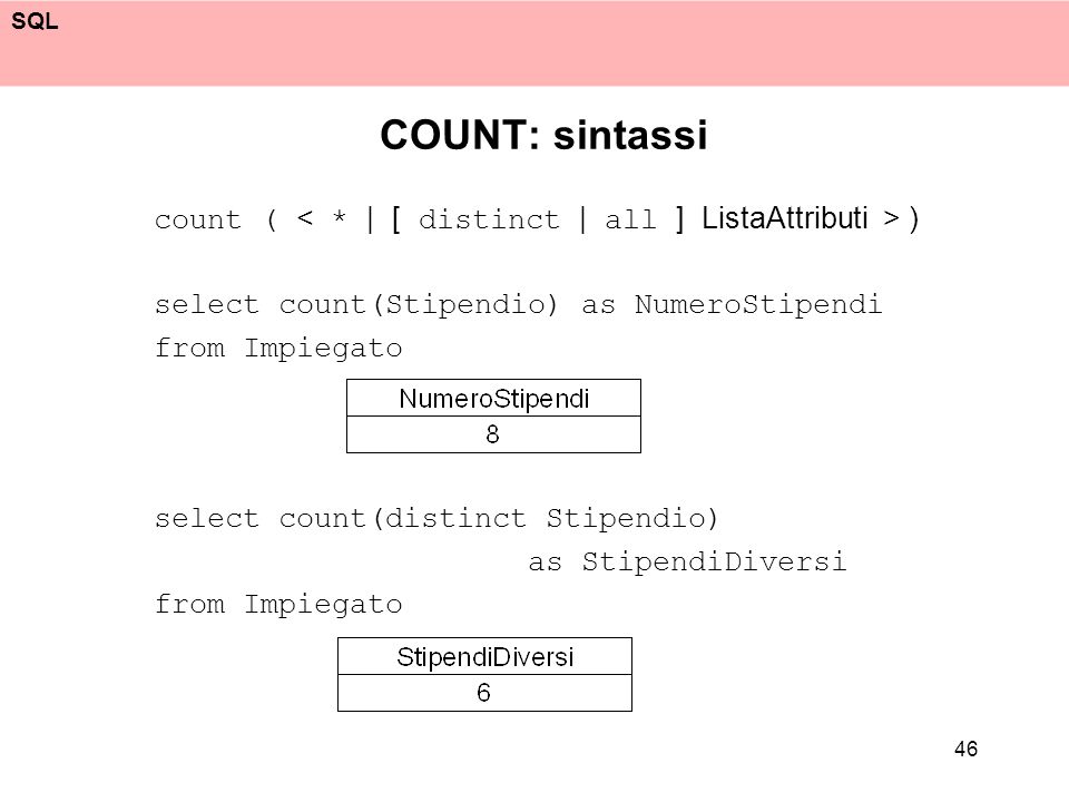 COUNT: sintassi count ( < * | [ distinct | all ] ListaAttributi > ) select count(Stipendio) as NumeroStipendi.