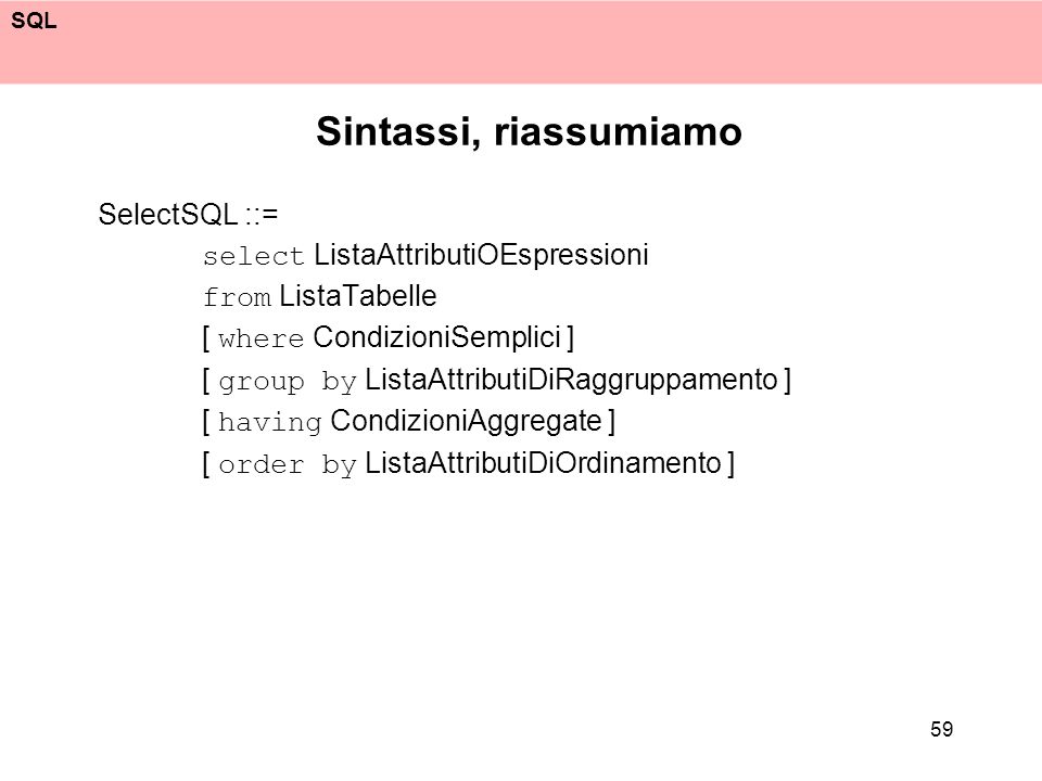 Sintassi, riassumiamo SelectSQL ::= select ListaAttributiOEspressioni
