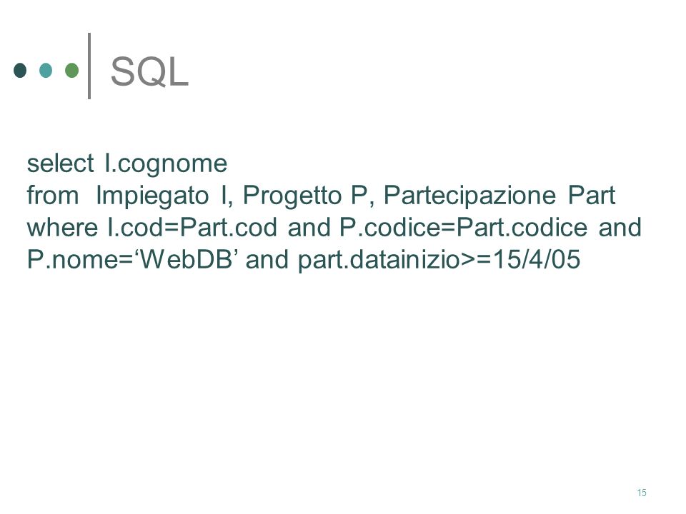 SQL select I.cognome from Impiegato I, Progetto P, Partecipazione Part