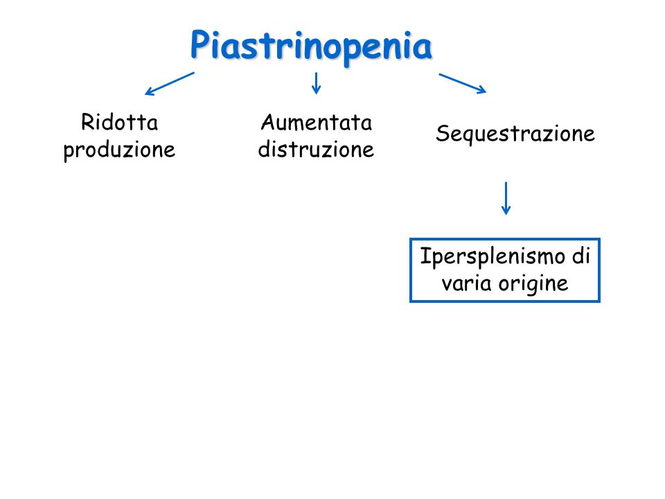 Piastrinopenia Ridotta produzione Aumentata distruzione Sequestrazione