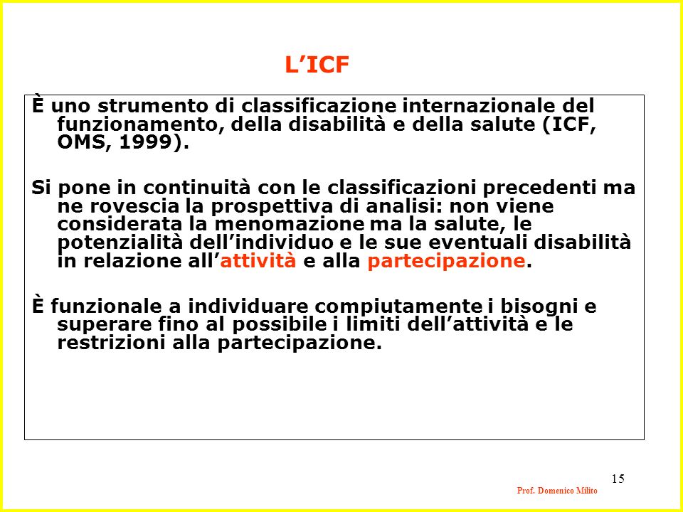 L’ICF È uno strumento di classificazione internazionale del funzionamento, della disabilità e della salute (ICF, OMS, 1999).