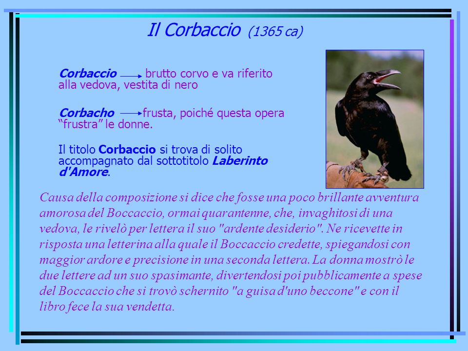 Il Corbaccio (1365 ca) Corbaccio brutto corvo e va riferito alla vedova, vestita di nero.