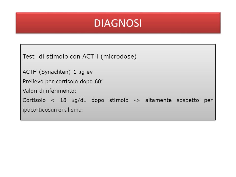 DIAGNOSI Test di stimolo con ACTH (microdose) ACTH (Synachten) 1 mg ev