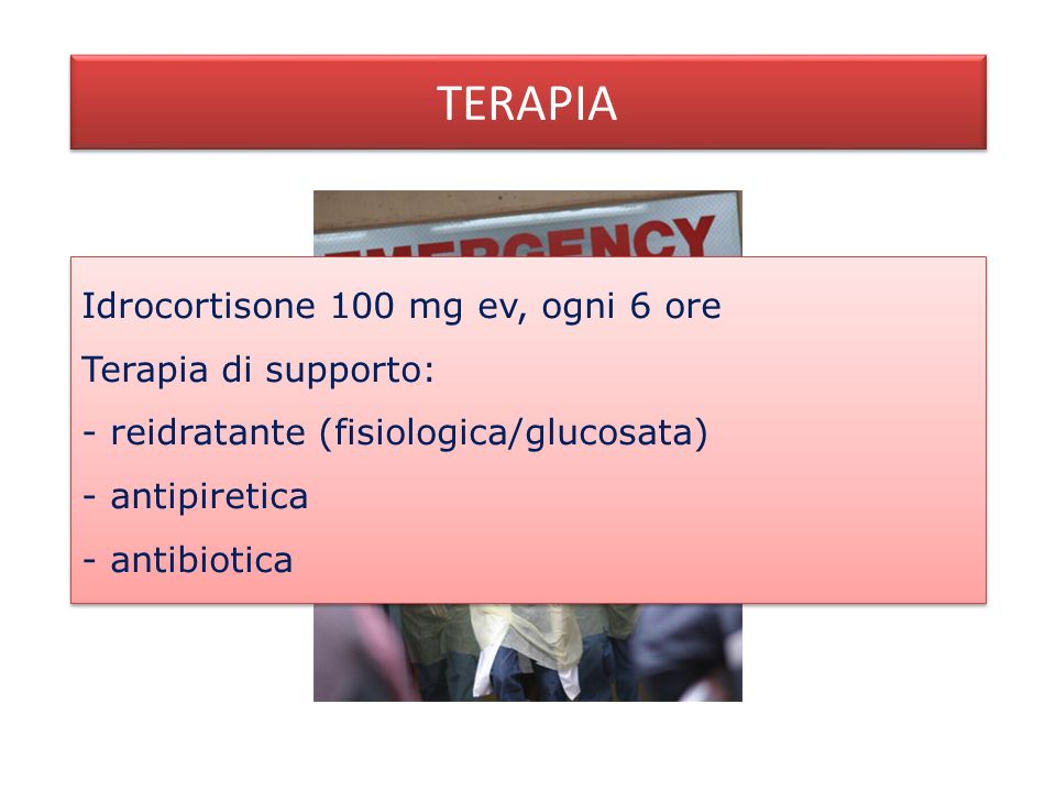 TERAPIA Idrocortisone 100 mg ev, ogni 6 ore Terapia di supporto: