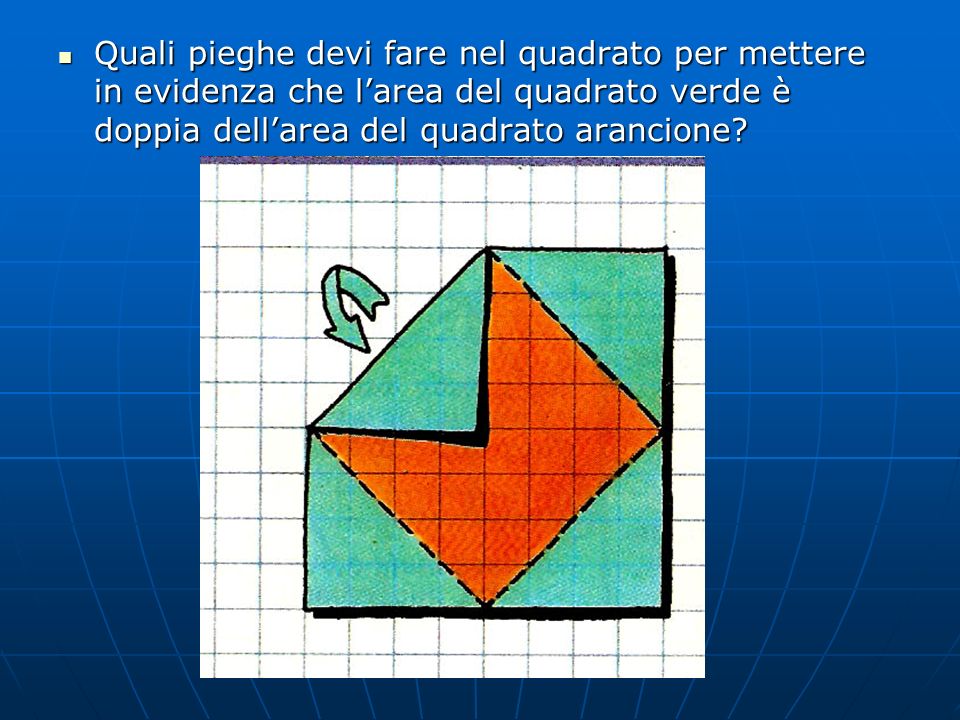 Quali pieghe devi fare nel quadrato per mettere in evidenza che l’area del quadrato verde è doppia dell’area del quadrato arancione