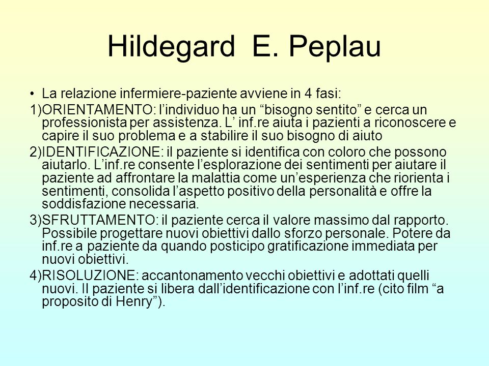 Hildegard E. Peplau La relazione infermiere-paziente avviene in 4 fasi: