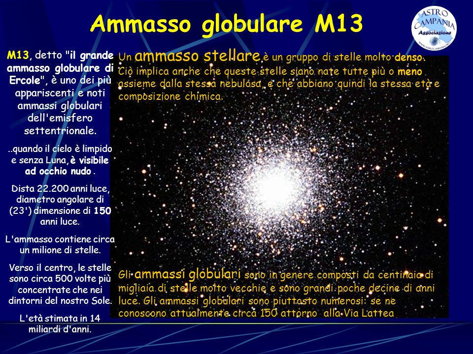 Ammasso globulare M13 Un ammasso stellare è un gruppo di stelle molto denso.