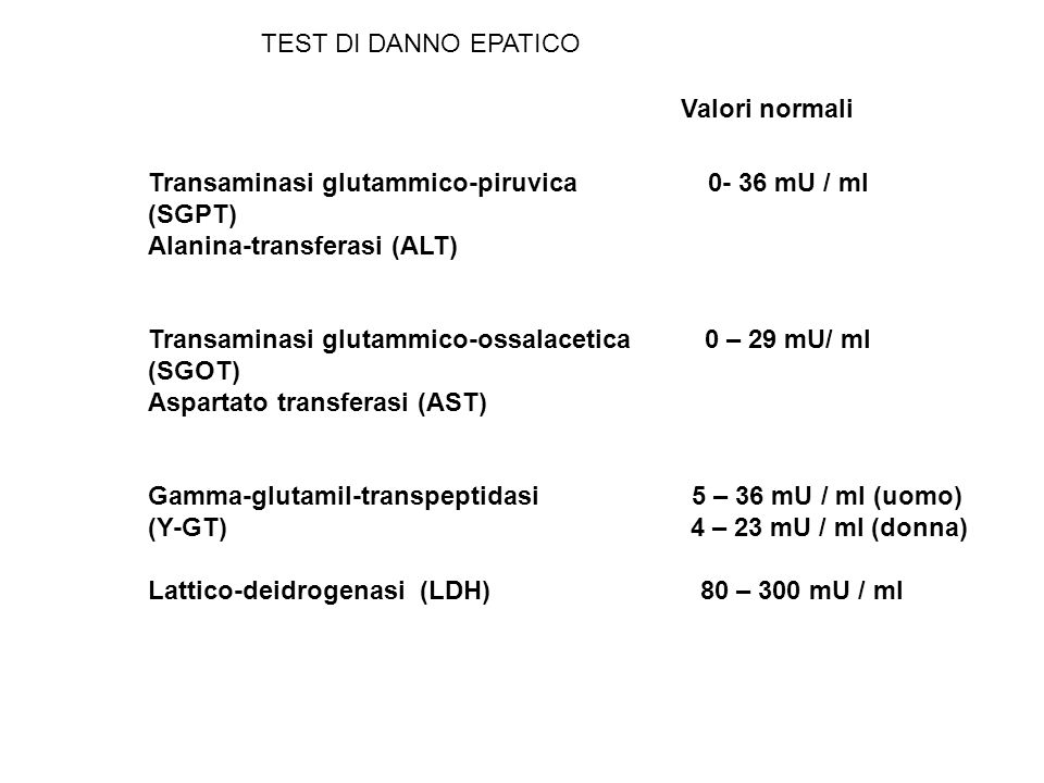 TEST DI DANNO EPATICO Valori normali. Transaminasi glutammico-piruvica mU / ml.