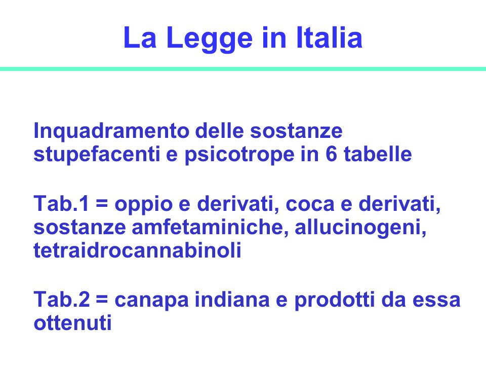 La Legge in Italia Inquadramento delle sostanze stupefacenti e psicotrope in 6 tabelle.