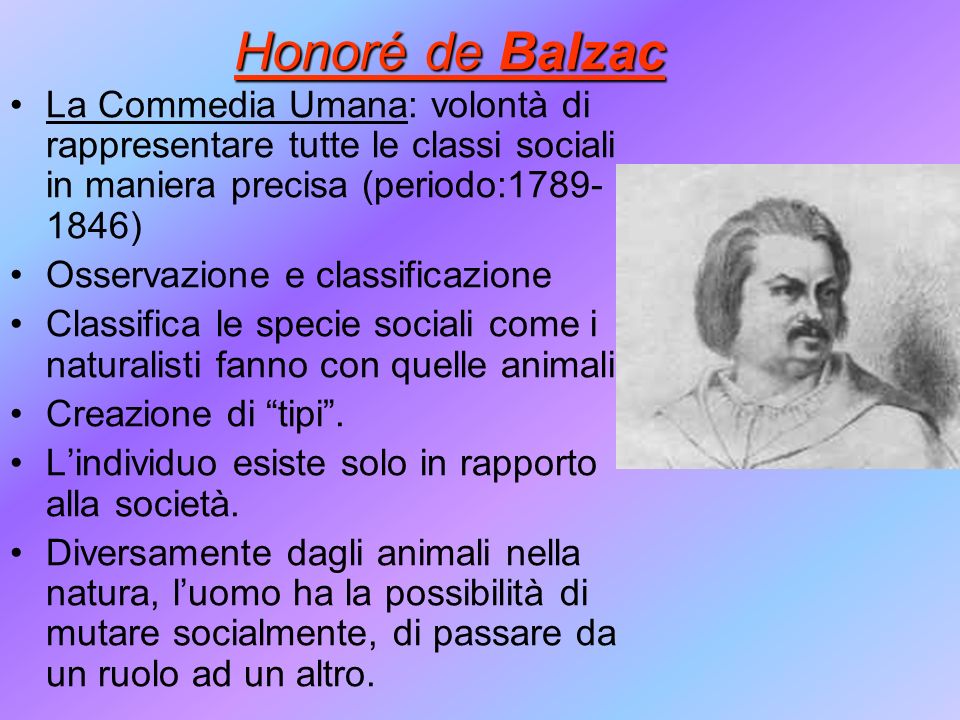 Honoré de Balzac La Commedia Umana: volontà di rappresentare tutte le classi sociali in maniera precisa (periodo: )