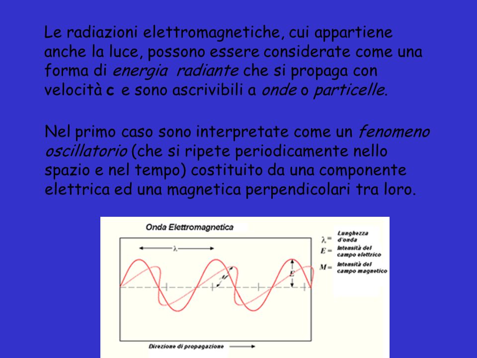 Le radiazioni elettromagnetiche, cui appartiene anche la luce, possono essere considerate come una forma di energia radiante che si propaga con velocità c e sono ascrivibili a onde o particelle.