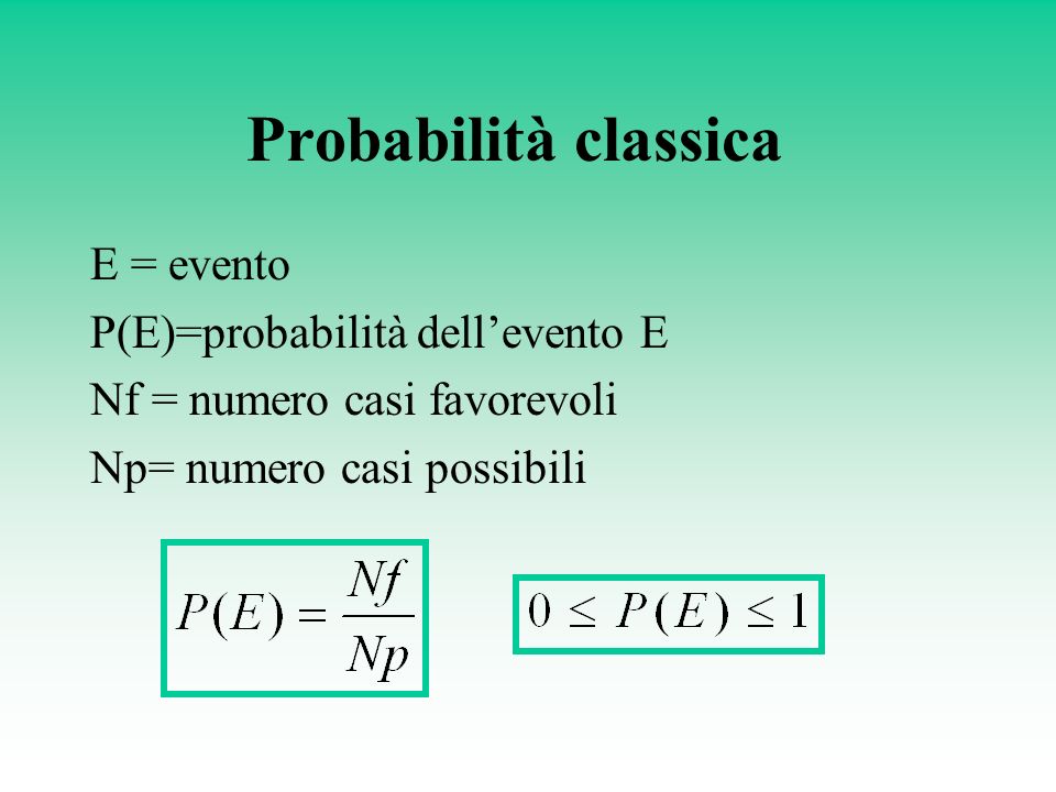 Probabilità classica E = evento P(E)=probabilità dell’evento E