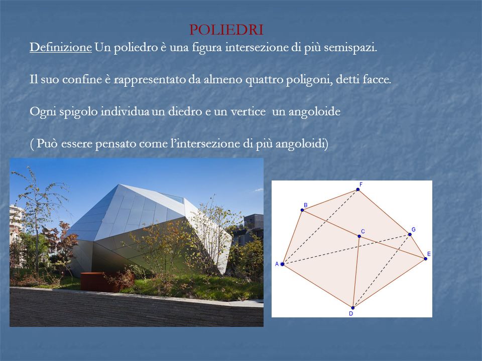 POLIEDRI Definizione Un poliedro è una figura intersezione di più semispazi. Il suo confine è rappresentato da almeno quattro poligoni, detti facce.