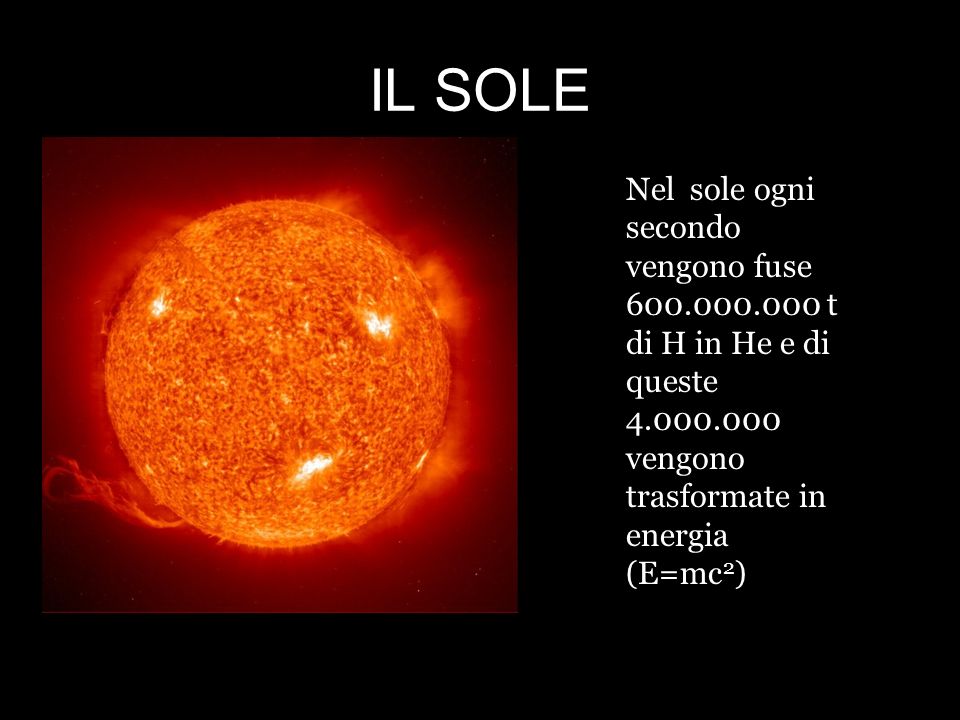IL SOLE Nel sole ogni secondo vengono fuse t di H in He e di queste vengono trasformate in energia (E=mc2)
