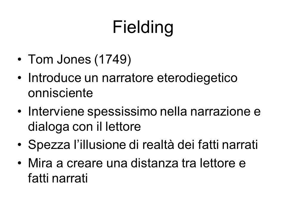 Fielding Tom Jones (1749) Introduce un narratore eterodiegetico onnisciente. Interviene spessissimo nella narrazione e dialoga con il lettore.