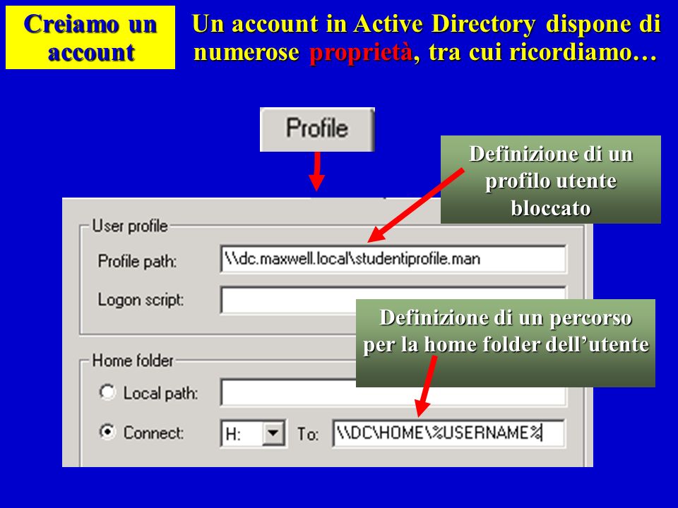 Creiamo un account Un account in Active Directory dispone di numerose proprietà, tra cui ricordiamo…