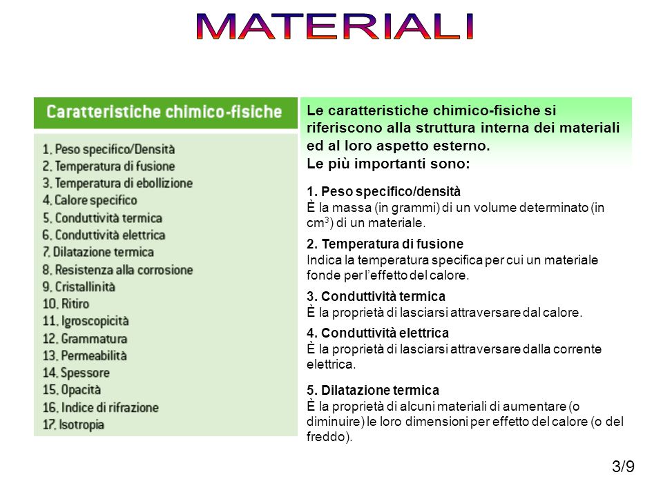 MATERIALI Le caratteristiche chimico-fisiche si riferiscono alla struttura interna dei materiali ed al loro aspetto esterno.