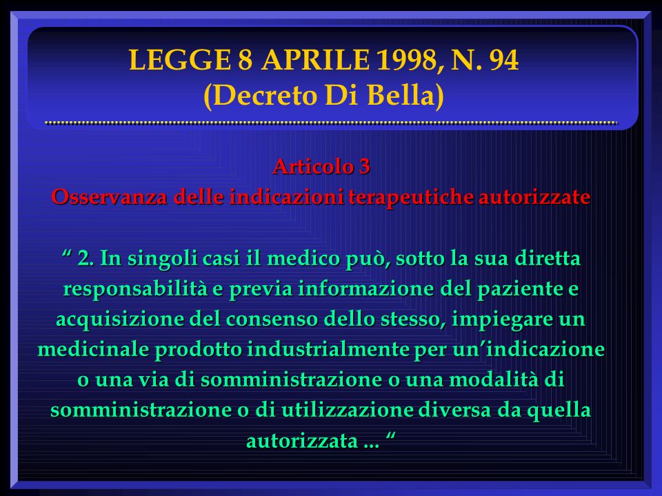 LEGGE 8 APRILE 1998, N. 94 (Decreto Di Bella)