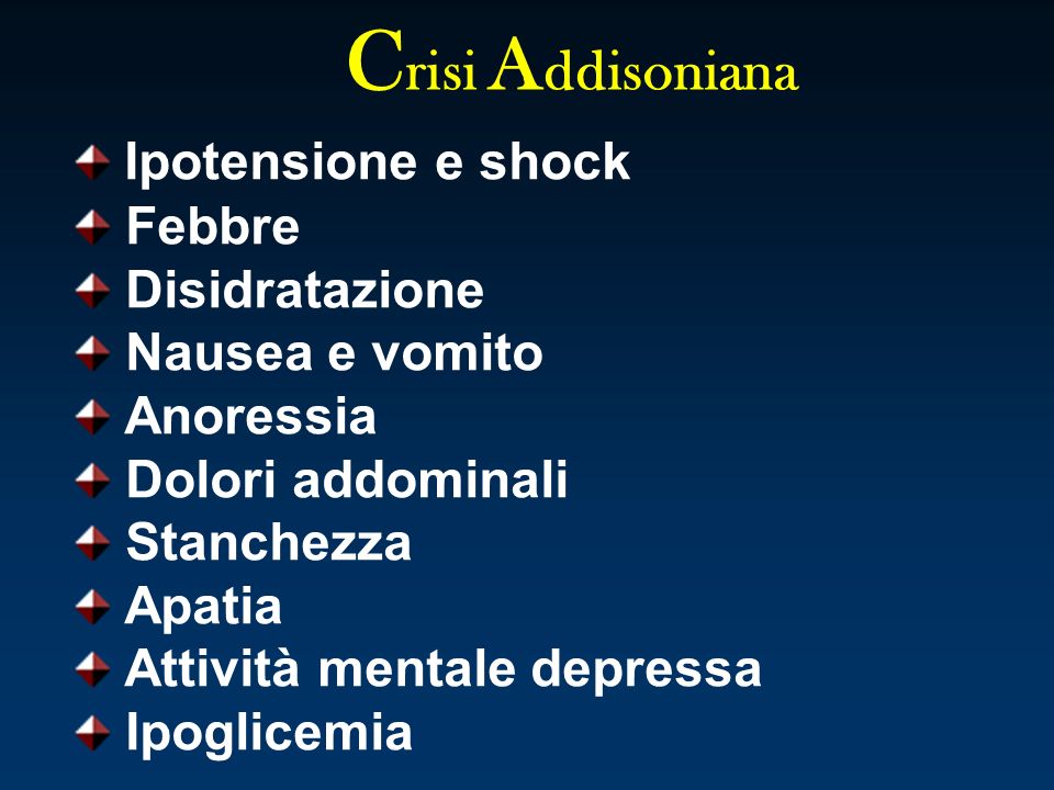 Crisi Addisoniana Ipotensione e shock Febbre Disidratazione