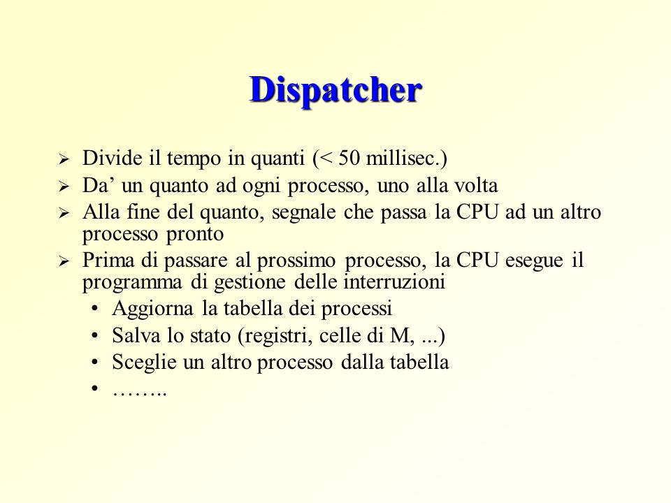 Dispatcher Divide il tempo in quanti (< 50 millisec.)