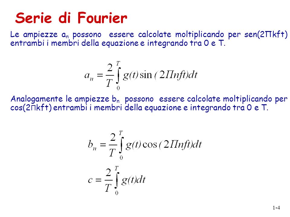 Serie di Fourier Le ampiezze an possono essere calcolate moltiplicando per sen(2Πkft) entrambi i membri della equazione e integrando tra 0 e T.