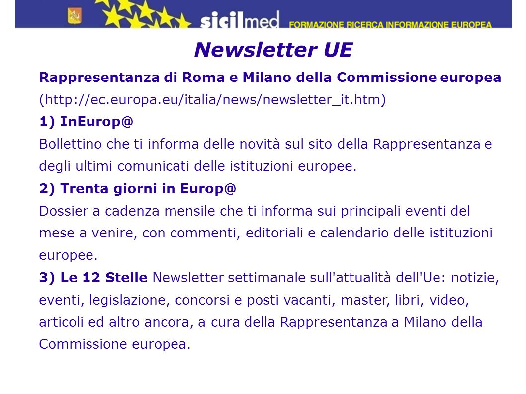 Newsletter UE Rappresentanza di Roma e Milano della Commissione europea (