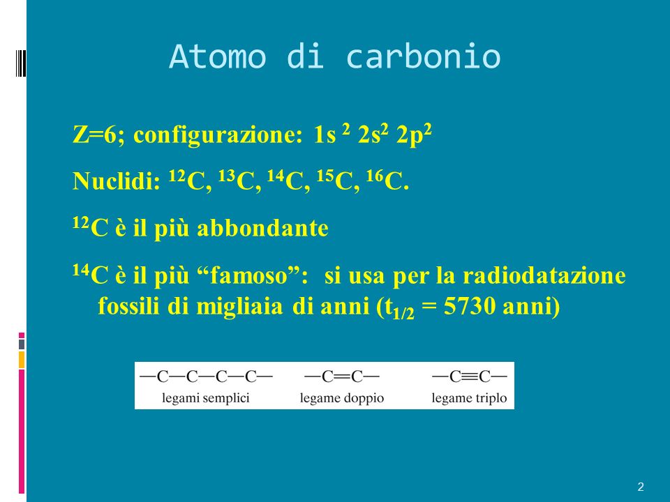 Atomo di carbonio Z=6; configurazione: 1s 2 2s2 2p2
