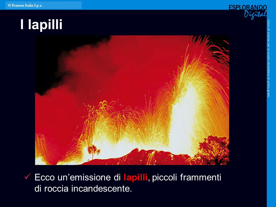 © Pearson Italia S.p.a. I lapilli. Per l’insegnante: L’immagine mostra un’eruzione esplosiva del vulcano Stromboli.