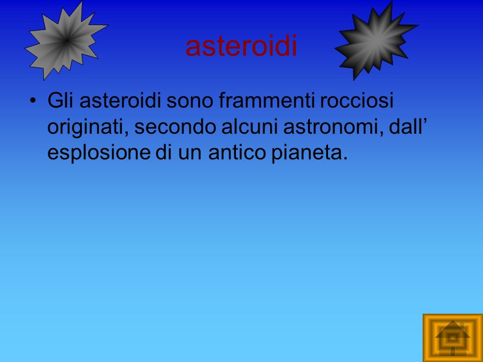 asteroidi Gli asteroidi sono frammenti rocciosi originati, secondo alcuni astronomi, dall’ esplosione di un antico pianeta.