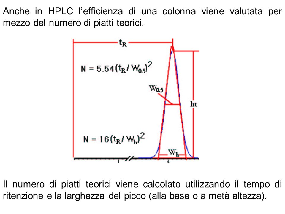 Anche in HPLC l’efficienza di una colonna viene valutata per mezzo del numero di piatti teorici.