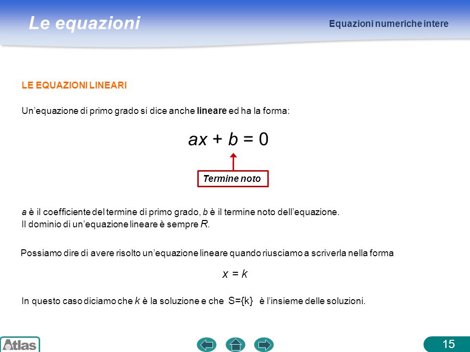 ax + b = 0 x = k 15 Equazioni numeriche intere LE EQUAZIONI LINEARI