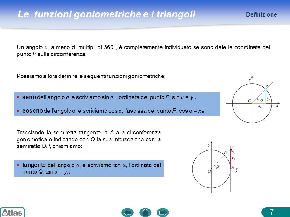 Definizione Un angolo α, a meno di multipli di 360°, è completamente individuato se sono date le coordinate del punto P sulla circonferenza.