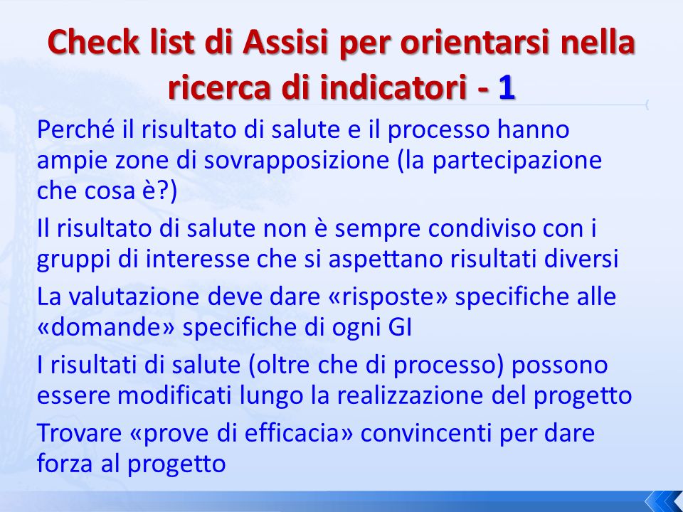 Check list di Assisi per orientarsi nella ricerca di indicatori - 1