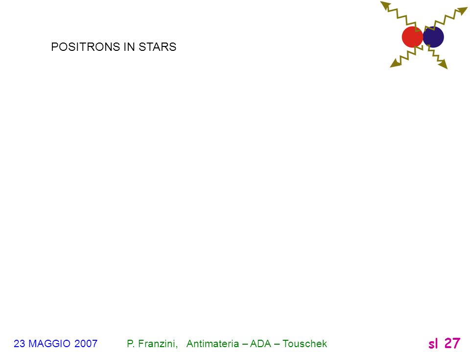 POSITRONS IN STARS 23 MAGGIO 2007 P. Franzini, Antimateria – ADA – Touschek