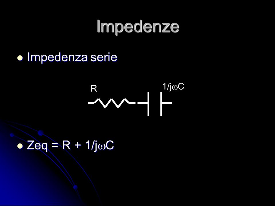 Impedenze Impedenza serie Zeq = R + 1/jwC 1/jwC R