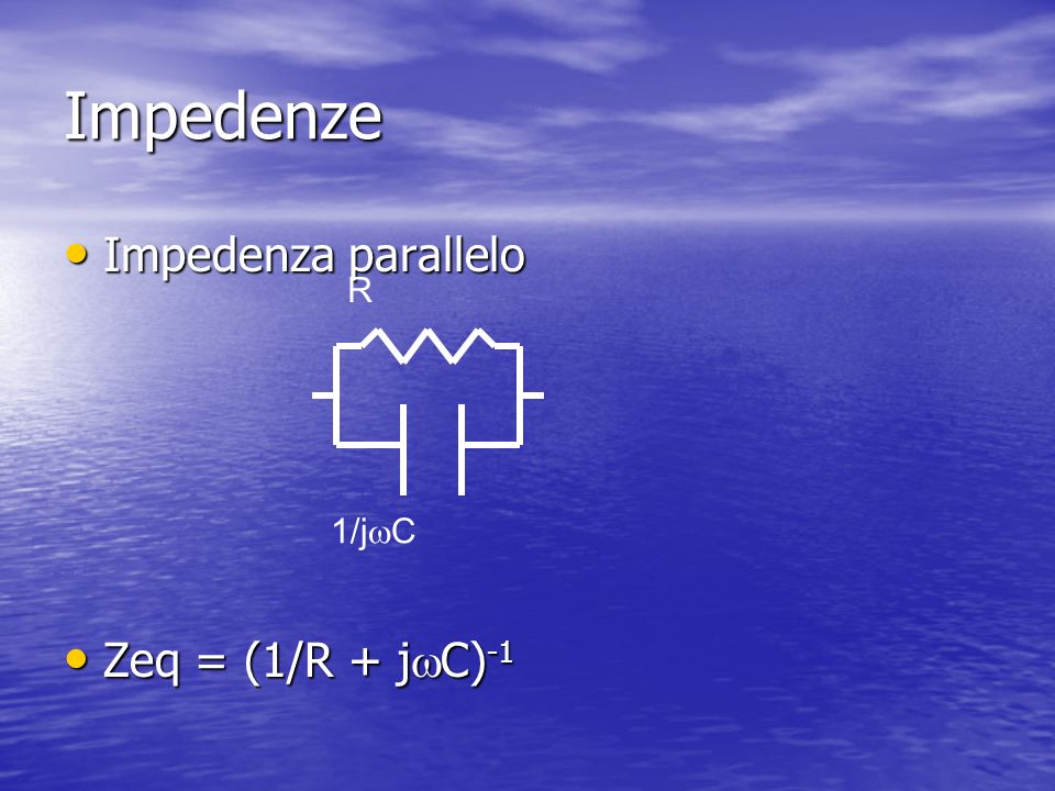 Impedenze Impedenza parallelo Zeq = (1/R + jwC)-1 R 1/jwC