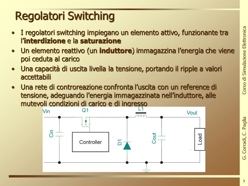 Regolatori Switching I regolatori switching impiegano un elemento attivo, funzionante tra l’interdizione e la saturazione.