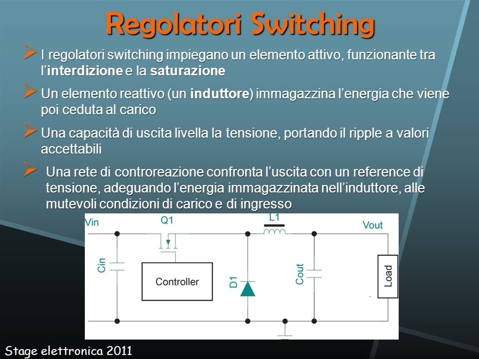 Regolatori Switching I regolatori switching impiegano un elemento attivo, funzionante tra l’interdizione e la saturazione.