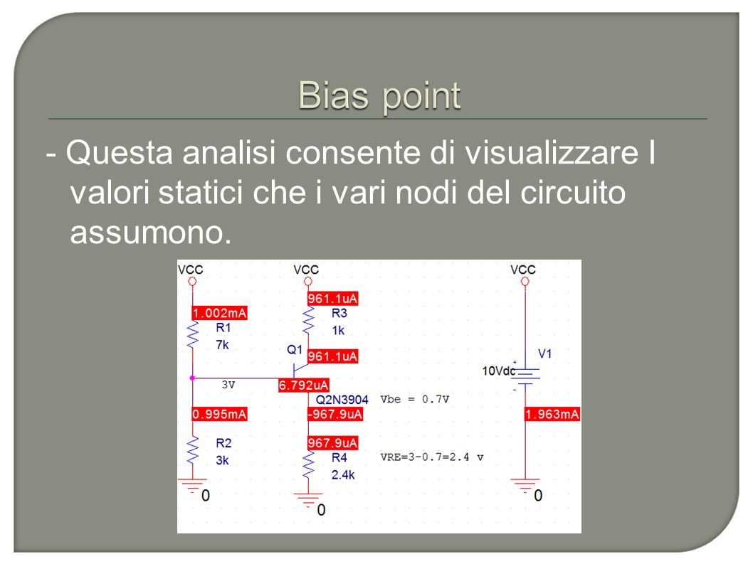 Bias point - Questa analisi consente di visualizzare I valori statici che i vari nodi del circuito assumono.