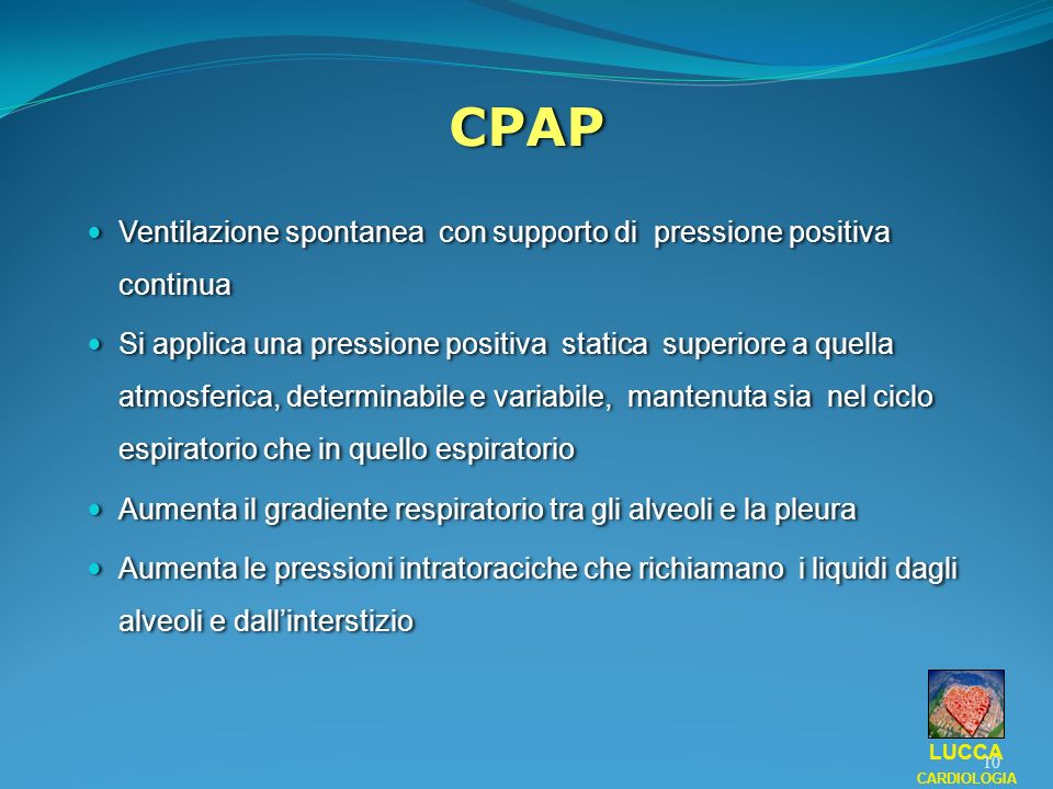CPAP Ventilazione spontanea con supporto di pressione positiva continua.