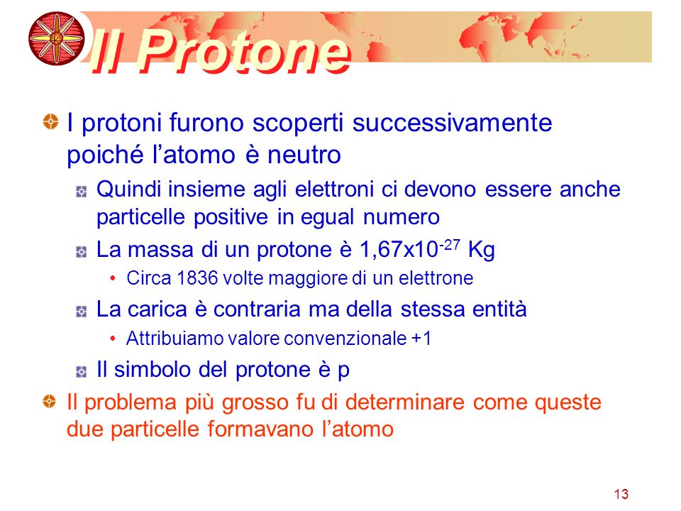 Il Protone I protoni furono scoperti successivamente poiché l’atomo è neutro.