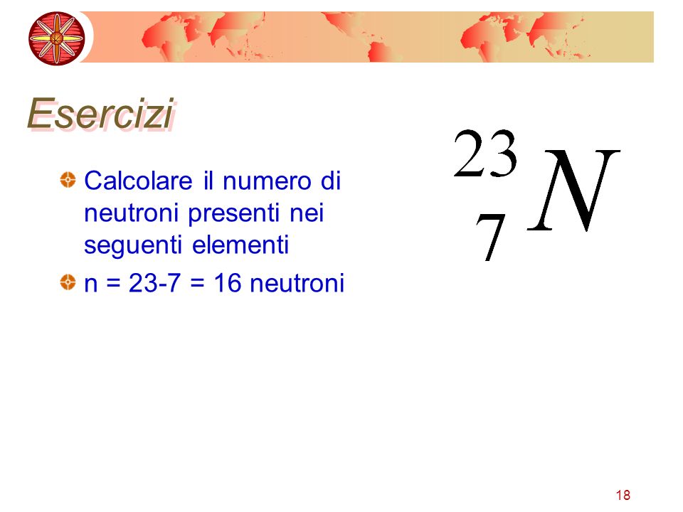 Esercizi Calcolare il numero di neutroni presenti nei seguenti elementi n = 23-7 = 16 neutroni