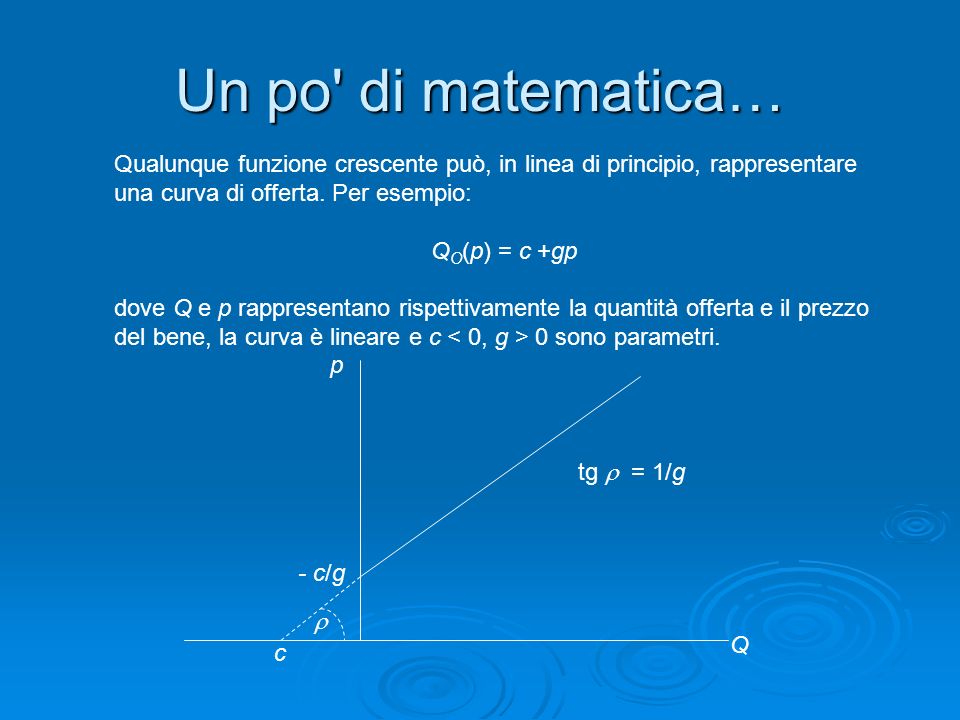 Un po di matematica… Qualunque funzione crescente può, in linea di principio, rappresentare una curva di offerta. Per esempio: