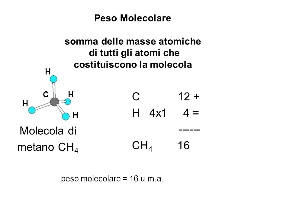 C 12 + H 4x1 4 = CH4 16 Molecola di metano CH4