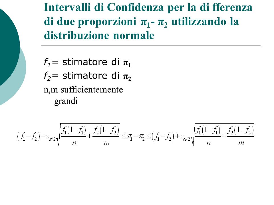 Intervalli di Confidenza per la di fferenza di due proporzioni π1- π2 utilizzando la distribuzione normale