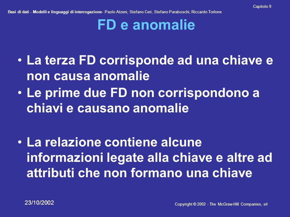 FD e anomalie La terza FD corrisponde ad una chiave e non causa anomalie. Le prime due FD non corrispondono a chiavi e causano anomalie.