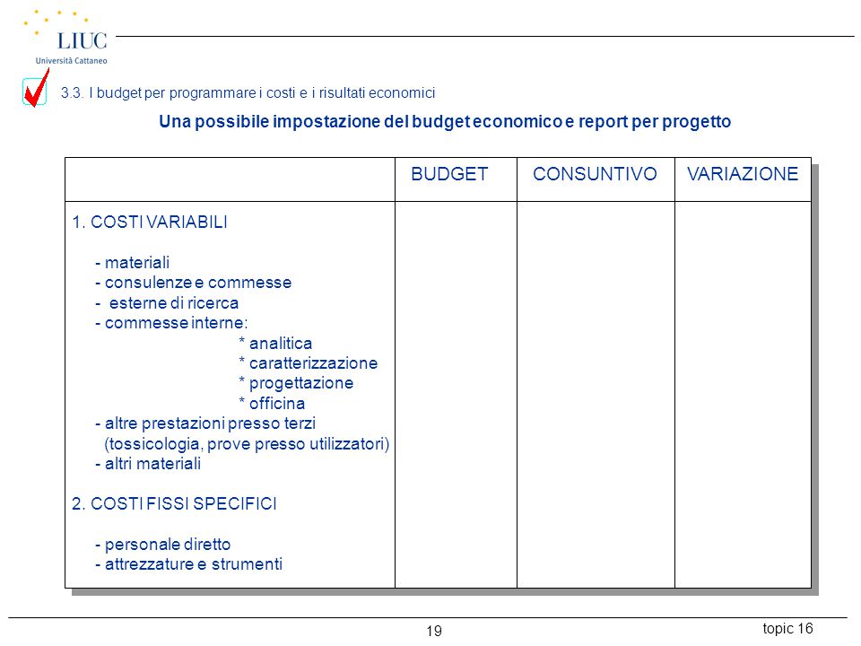 Una possibile impostazione del budget economico e report per progetto
