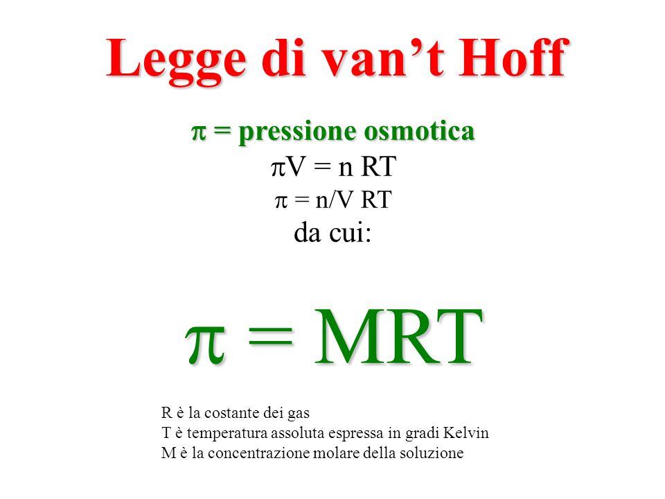  = MRT Legge di van’t Hoff  = pressione osmotica V = n RT da cui:
