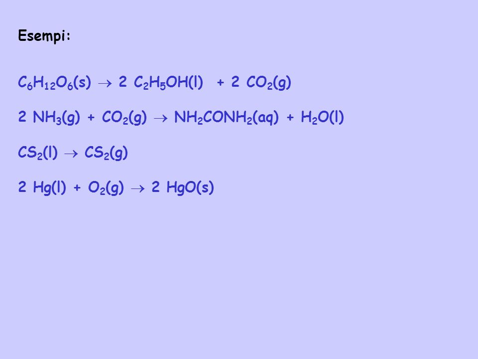 Esempi: C6H12O6(s)  2 C2H5OH(l) + 2 CO2(g) 2 NH3(g) + CO2(g)  NH2CONH2(aq) + H2O(l) CS2(l)  CS2(g)